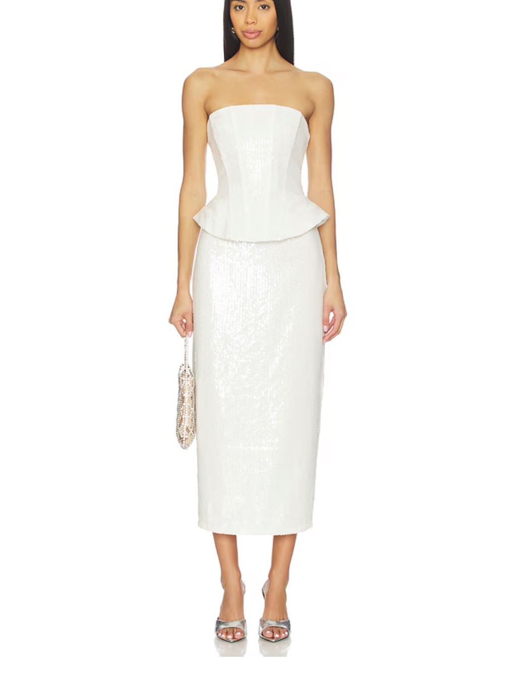 Lovers + Friends White Strapless Peplum Sequin Midi Dress